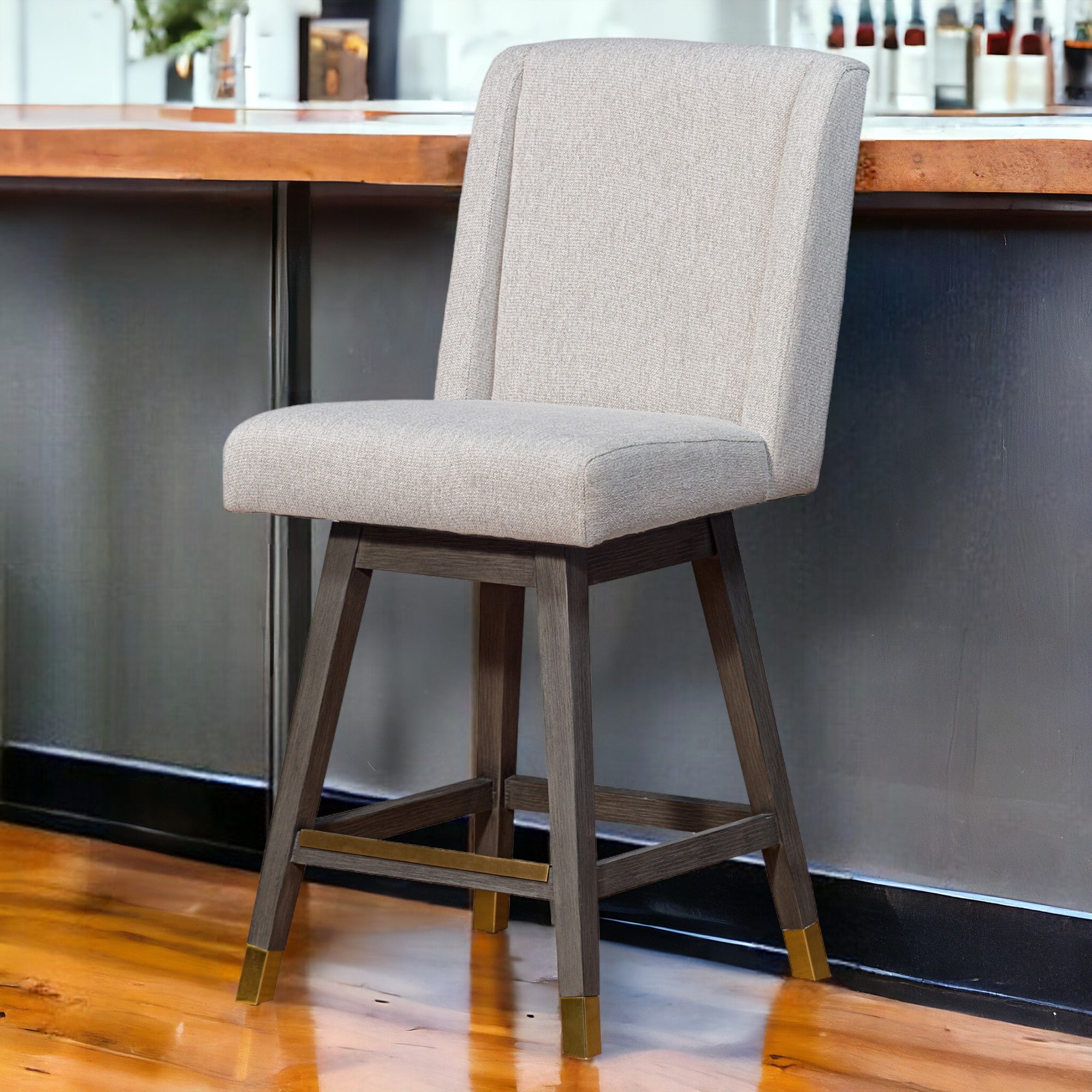 26" Taupe And Gray Solid Wood Swivel Bar Chair