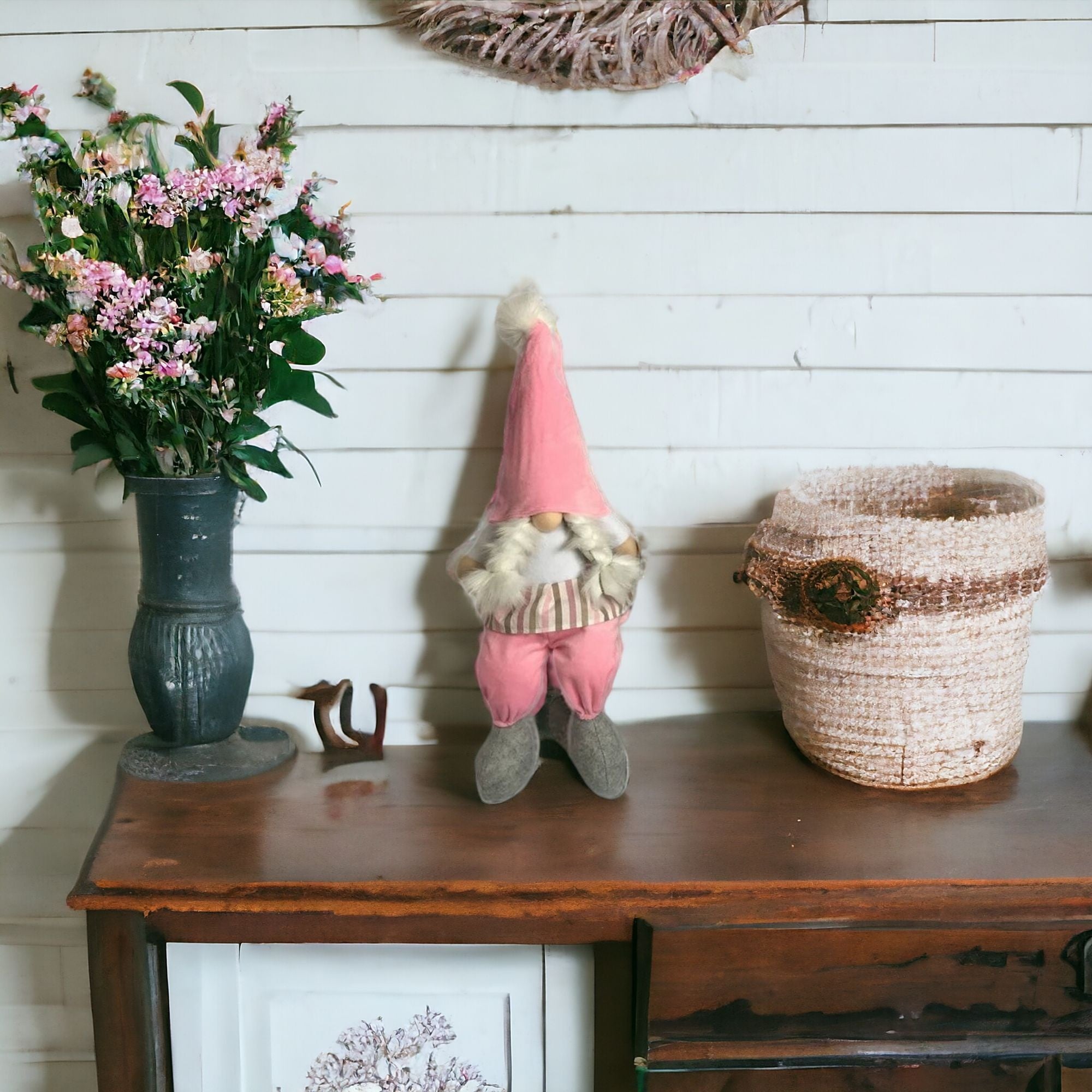 30" Pink and White Fabric Sitting Gnome