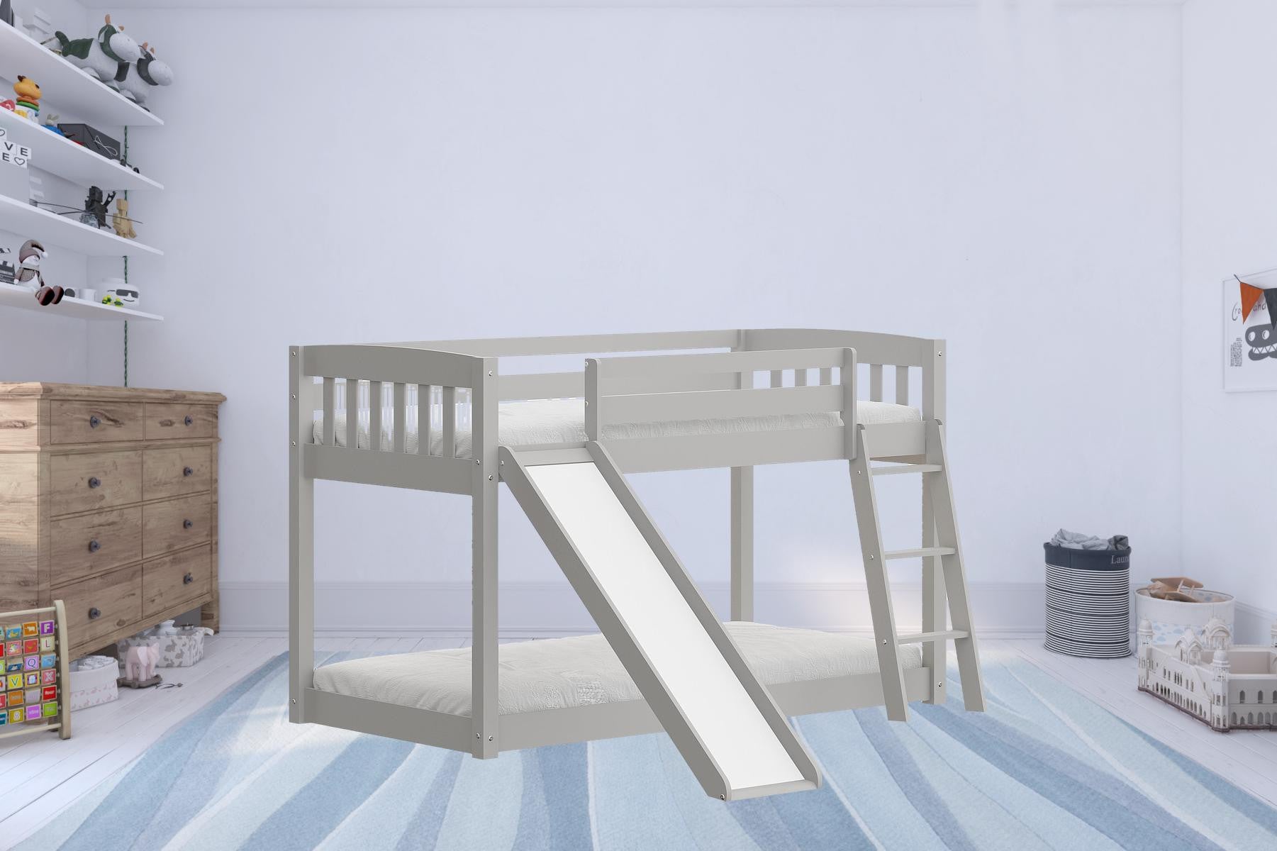 White Twin over Twin Solid Wood Bunk Bed With Slide and Ladder