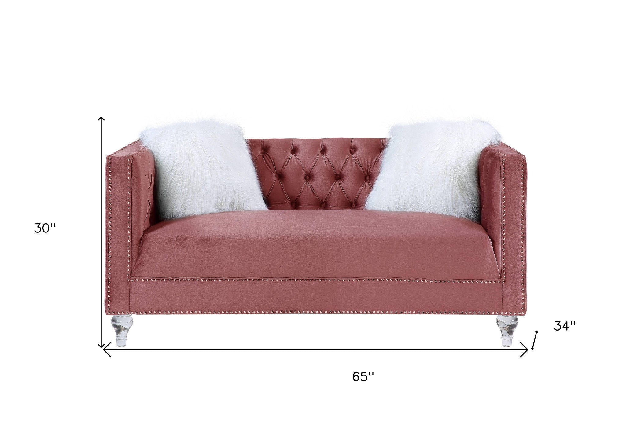 65" Pink And Silver Velvet Love Seat and Toss Pillows