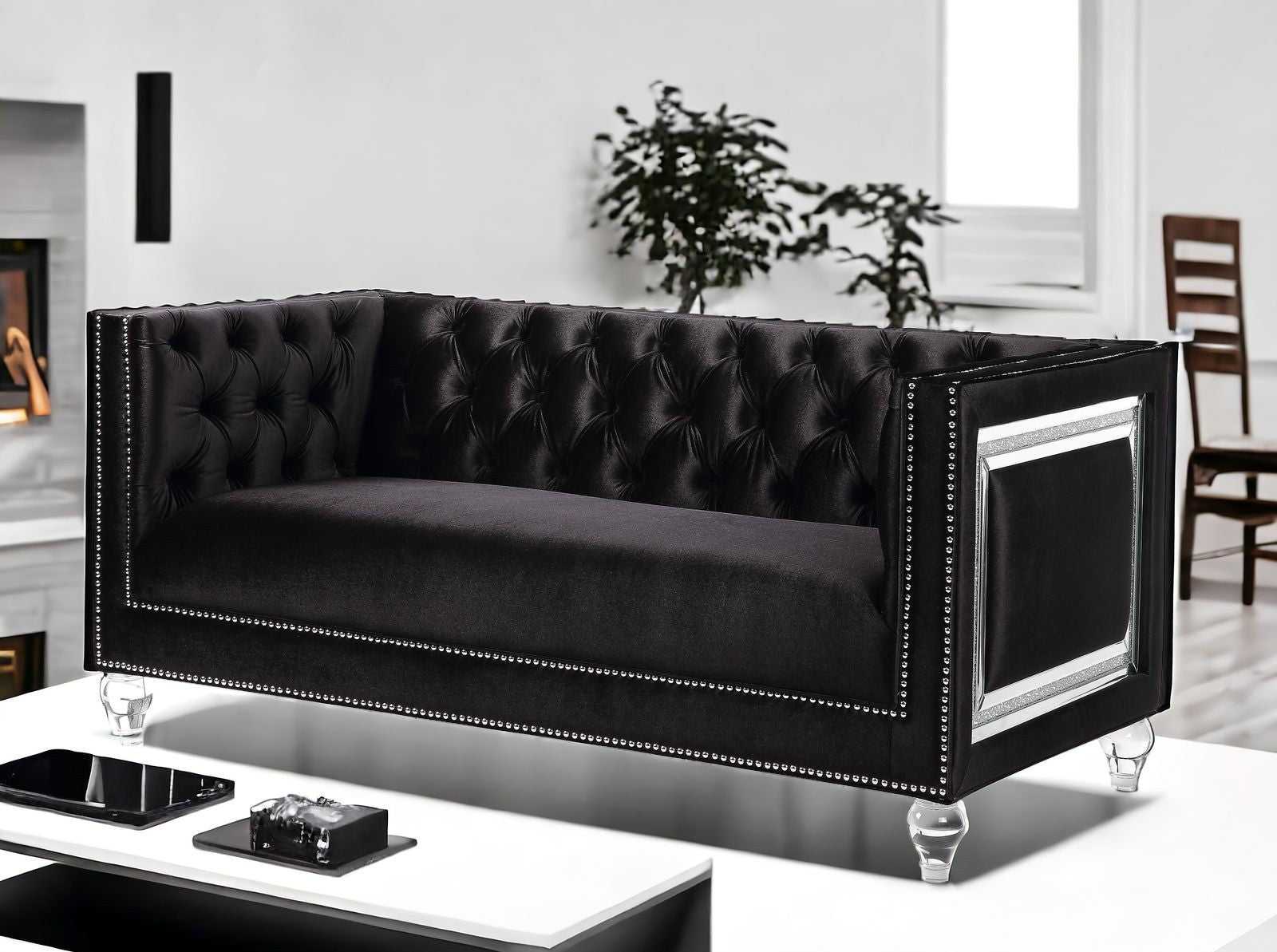 67" Black And Silver Velvet Loveseat and Toss Pillows