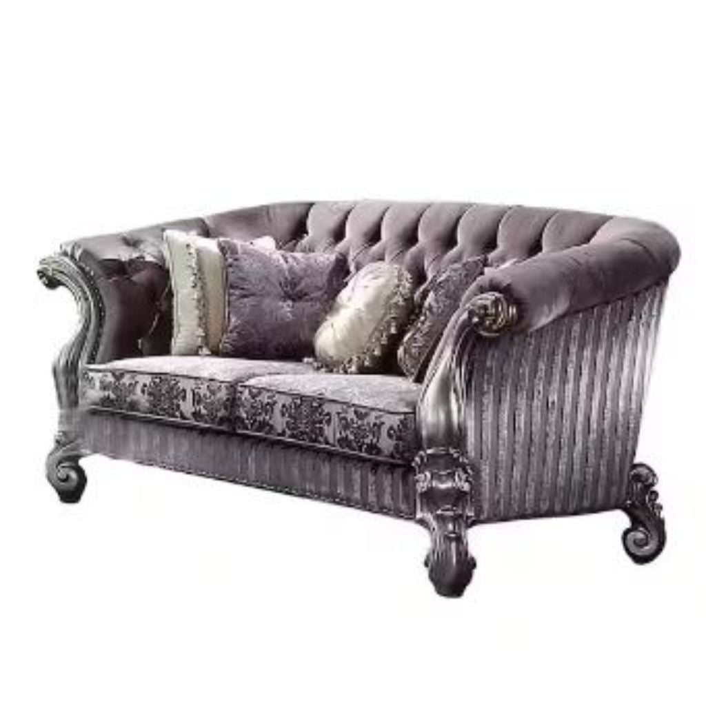 76" Purple And Platinum Velvet Loveseat and Toss Pillows