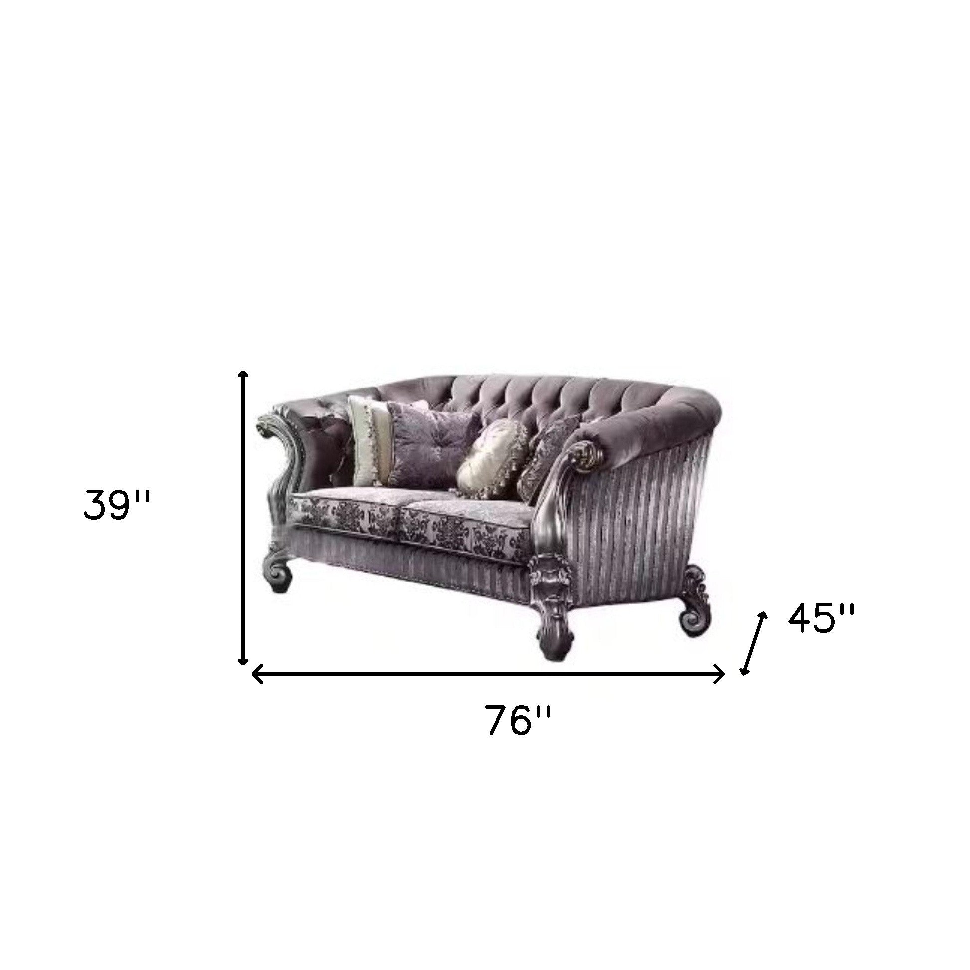 76" Purple And Platinum Velvet Loveseat and Toss Pillows