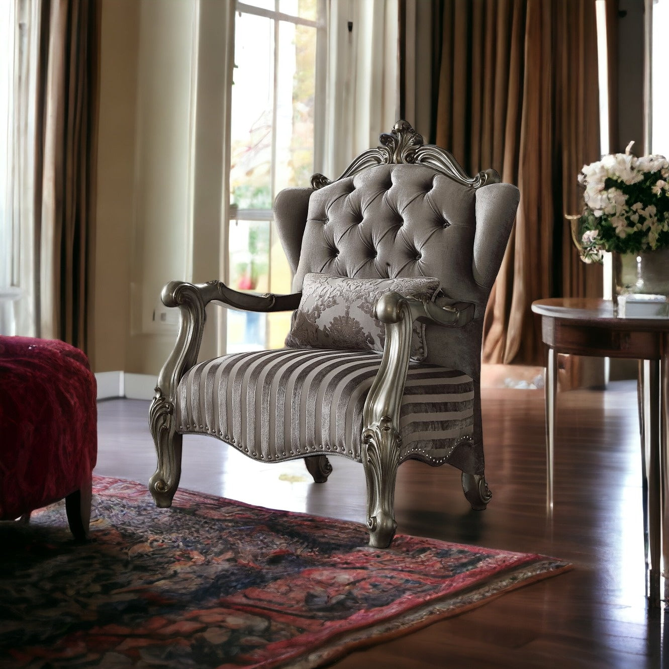 33" Gray And Platinum Velvet Striped Tufted Wingback Chair