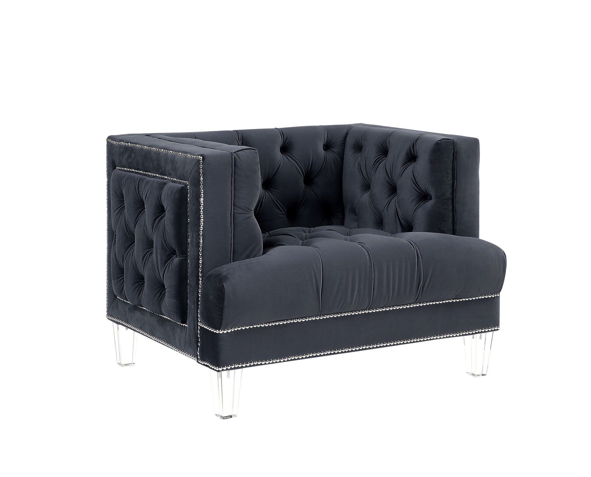 41" Charcoal Velvet And Black Tufted Arm Chair