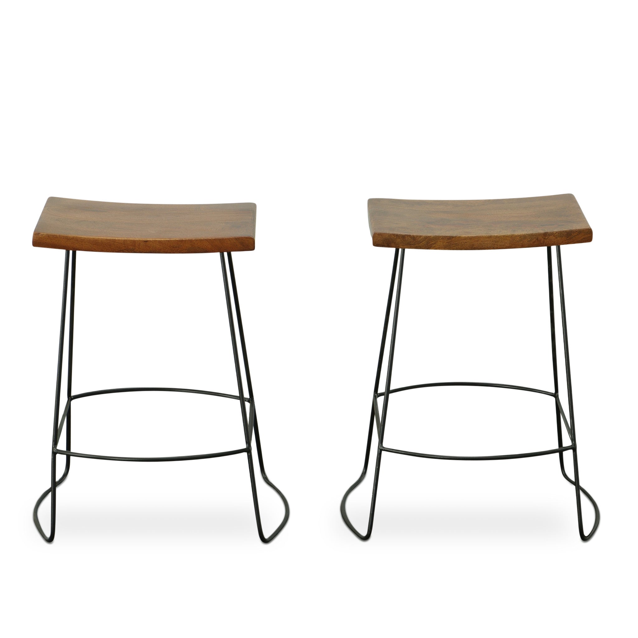 Set of Two 25" Chestnut And Black Steel Backless Counter Height Bar Chairs