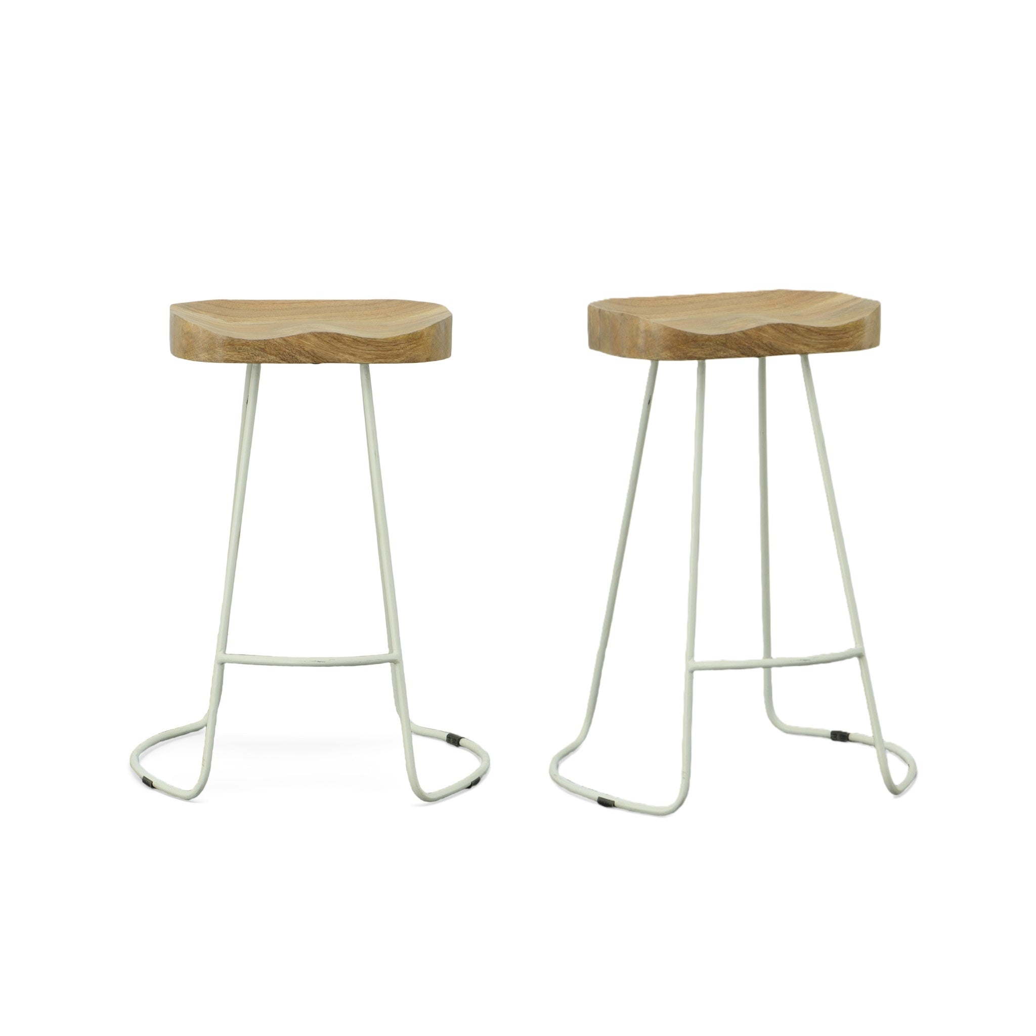 Set of Two 25" Natural And White Steel Backless Counter Height Bar Chairs