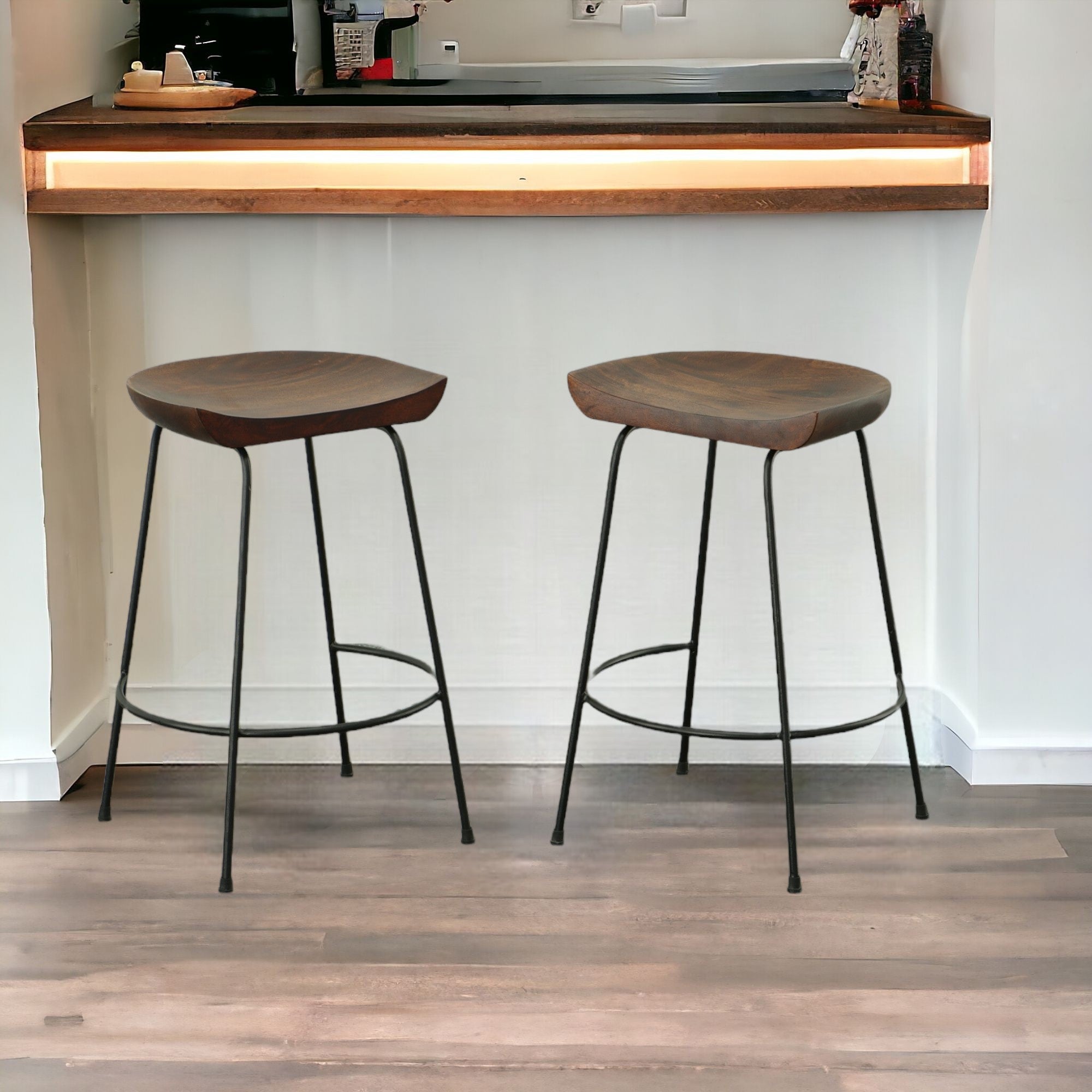 Set of Two 25" Chestnut And Black Steel Backless Counter Height Bar Chairs