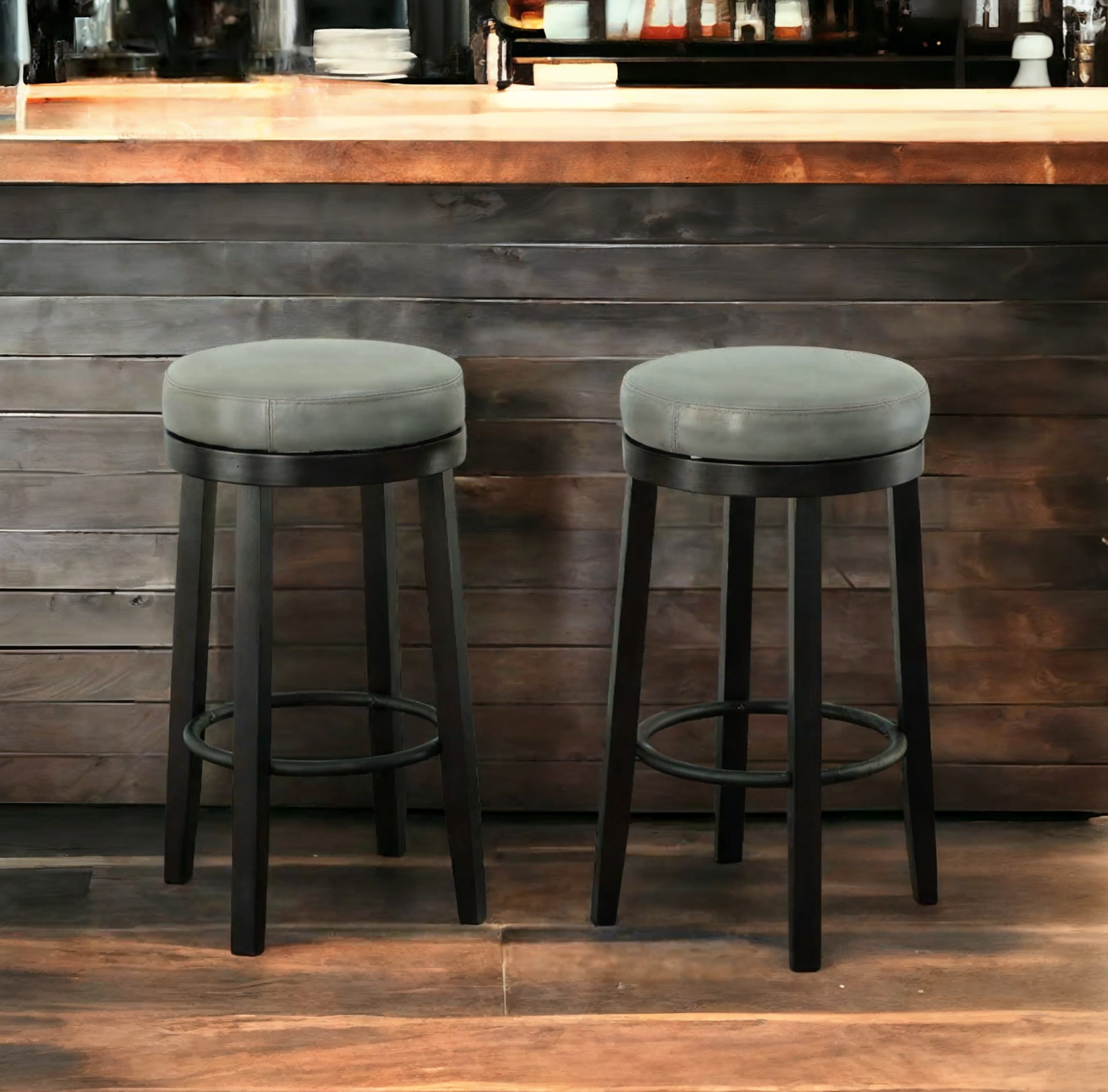 Set of Two 30" Gray And Espresso Faux Leather And Solid Wood Swivel Backless Bar Height Bar Chairs