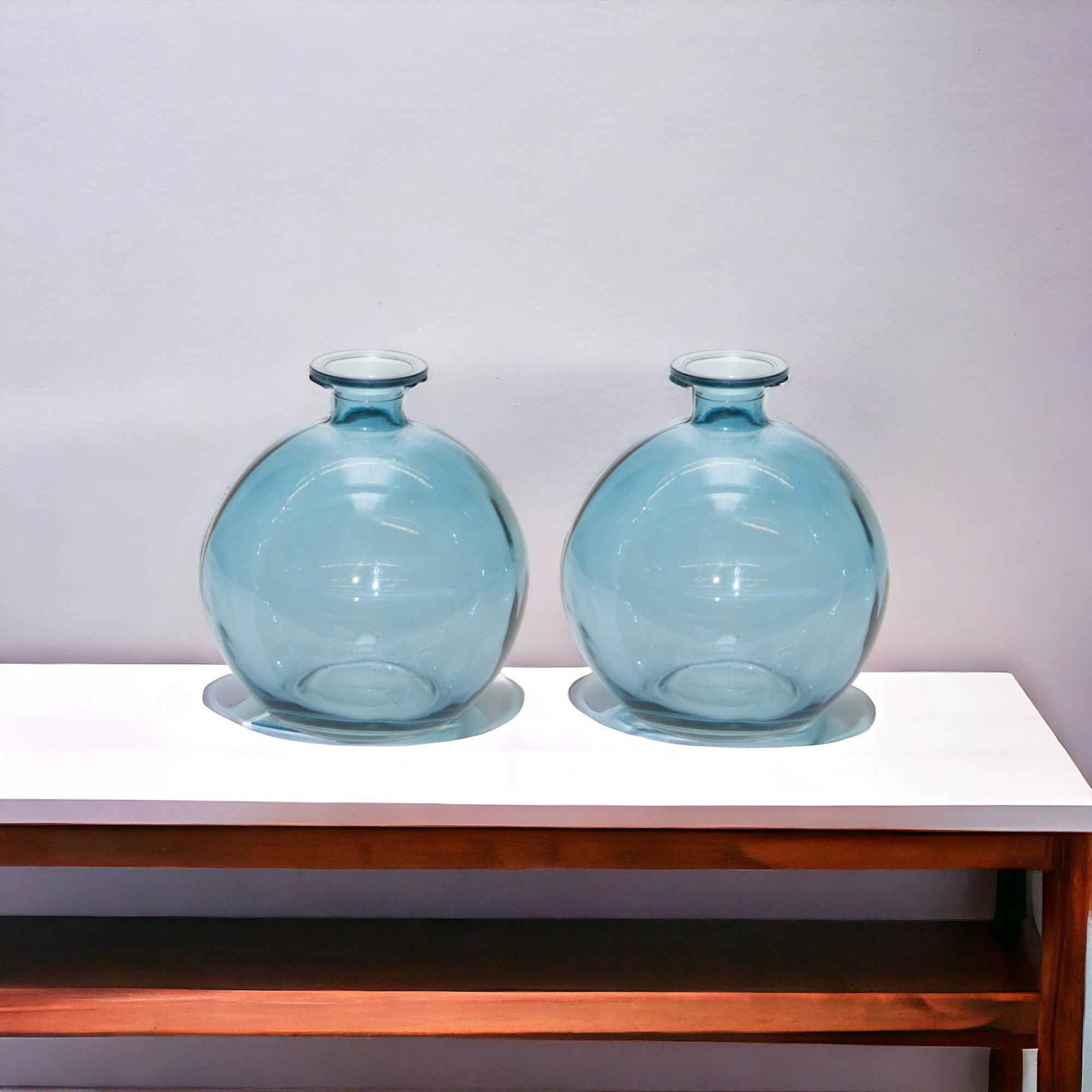 Set of Two 6" Blue Glass Round Table Vases