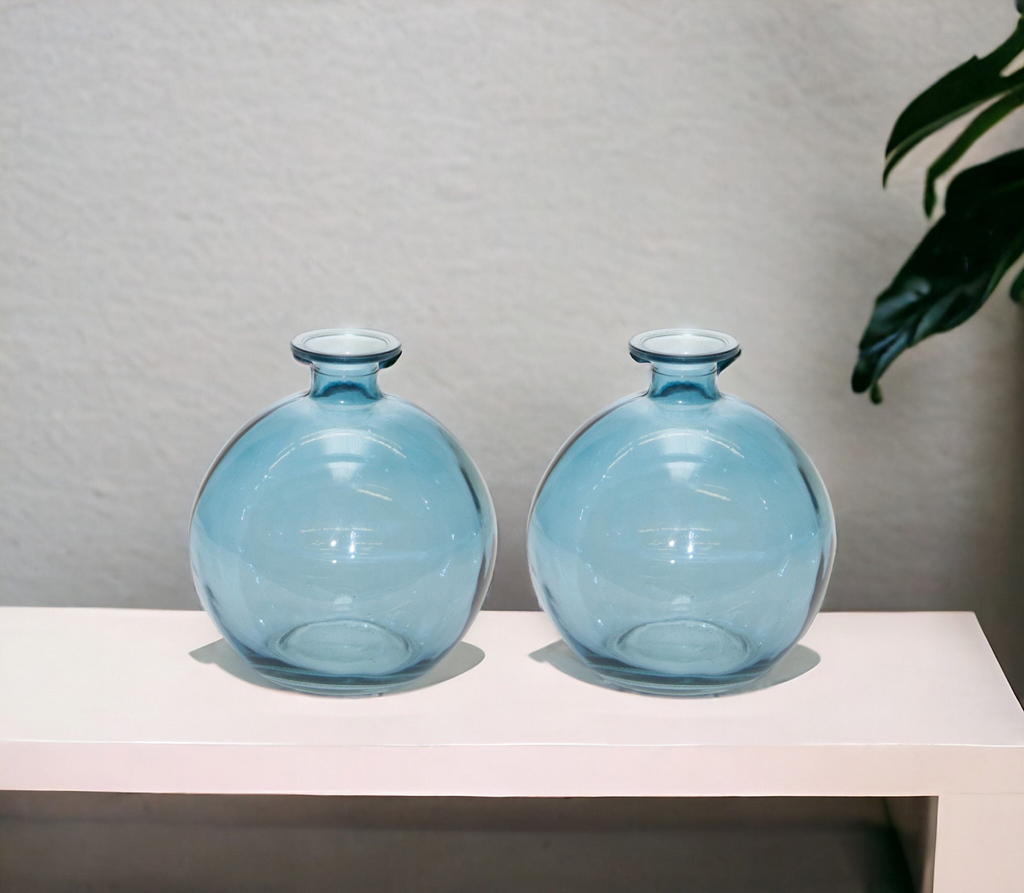 Set of Two 6" Blue Glass Round Table Vases