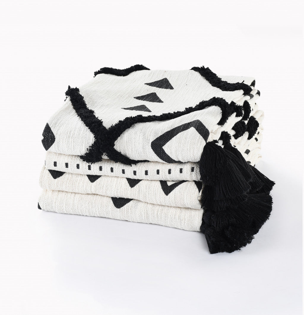 Black and White Woven Cotton Geometric Throw Blanket