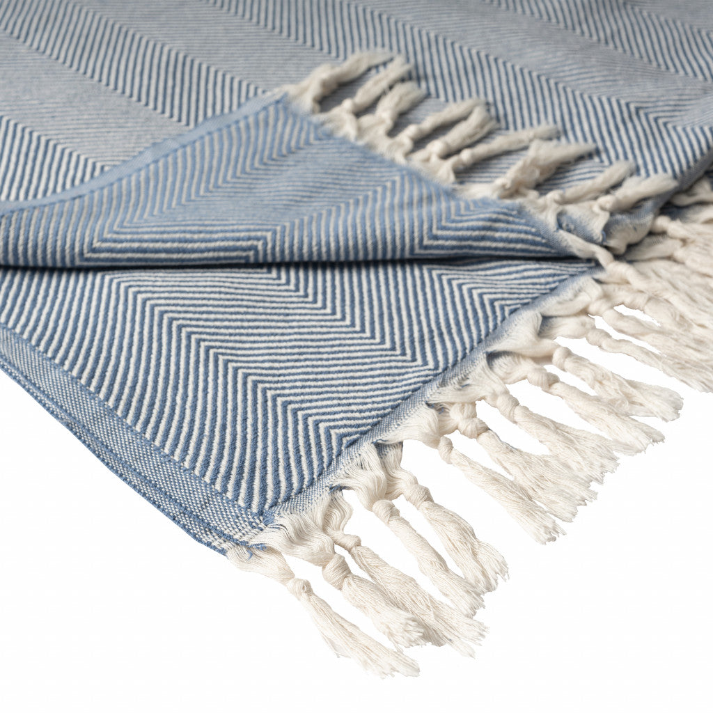 Blue Woven Cotton Herringbone Throw Blanket