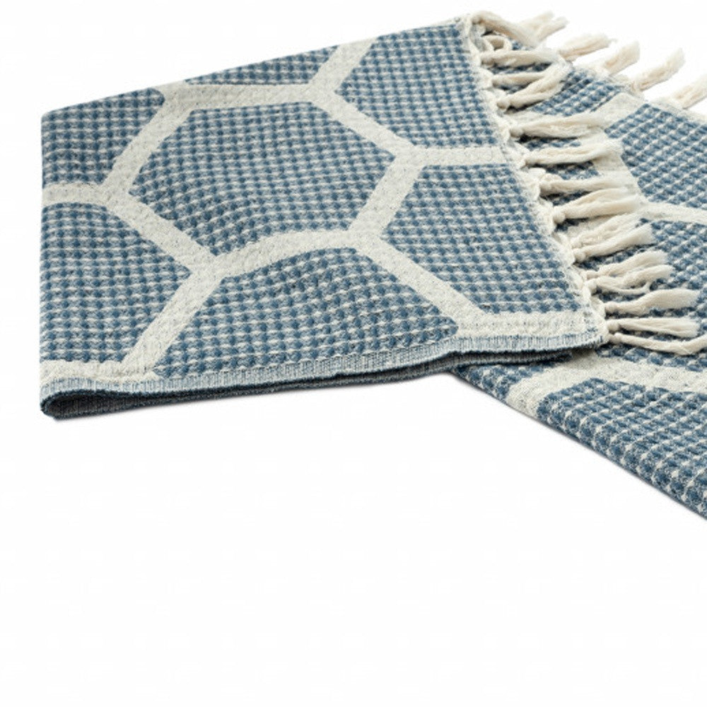 Blue and Off White Woven Cotton Geometric Throw Blanket