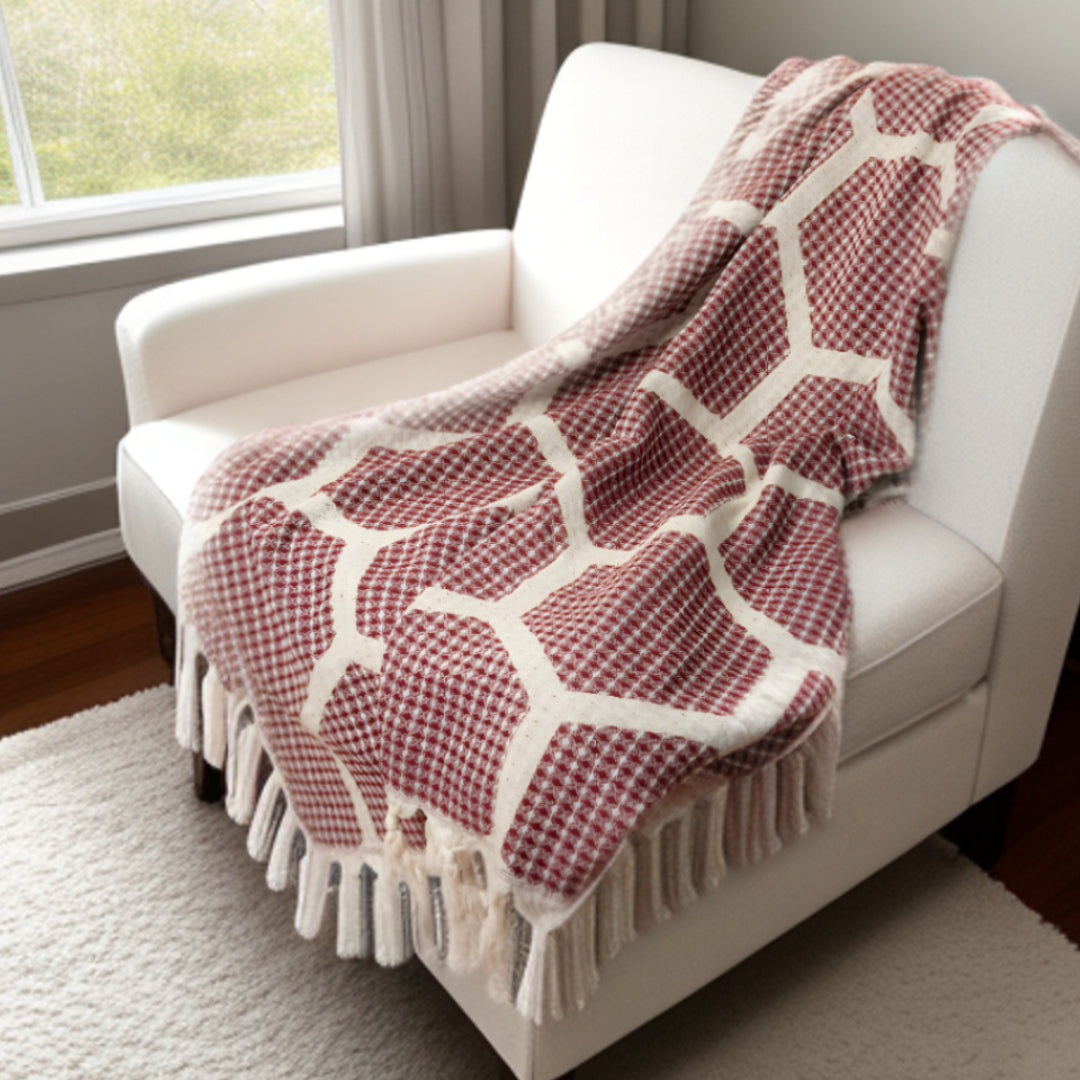 Blue and Off White Woven Cotton Geometric Throw Blanket