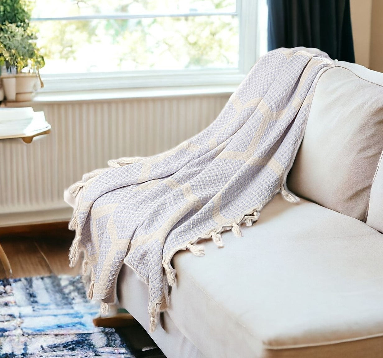 Blue and Off White Woven Cotton Geometric Throw Blanket