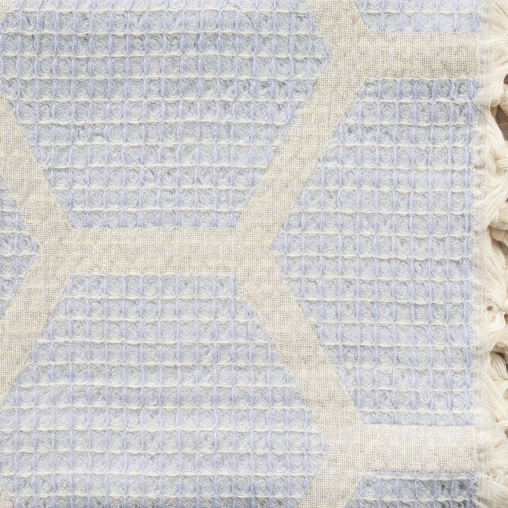 Blue and Off White Woven Cotton Geometric Throw Blanket