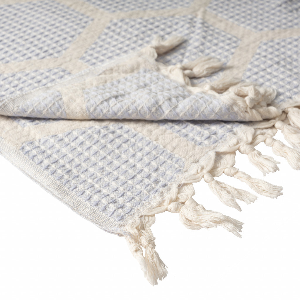 Blue and Off White Woven Cotton Geometric Throw Blanket