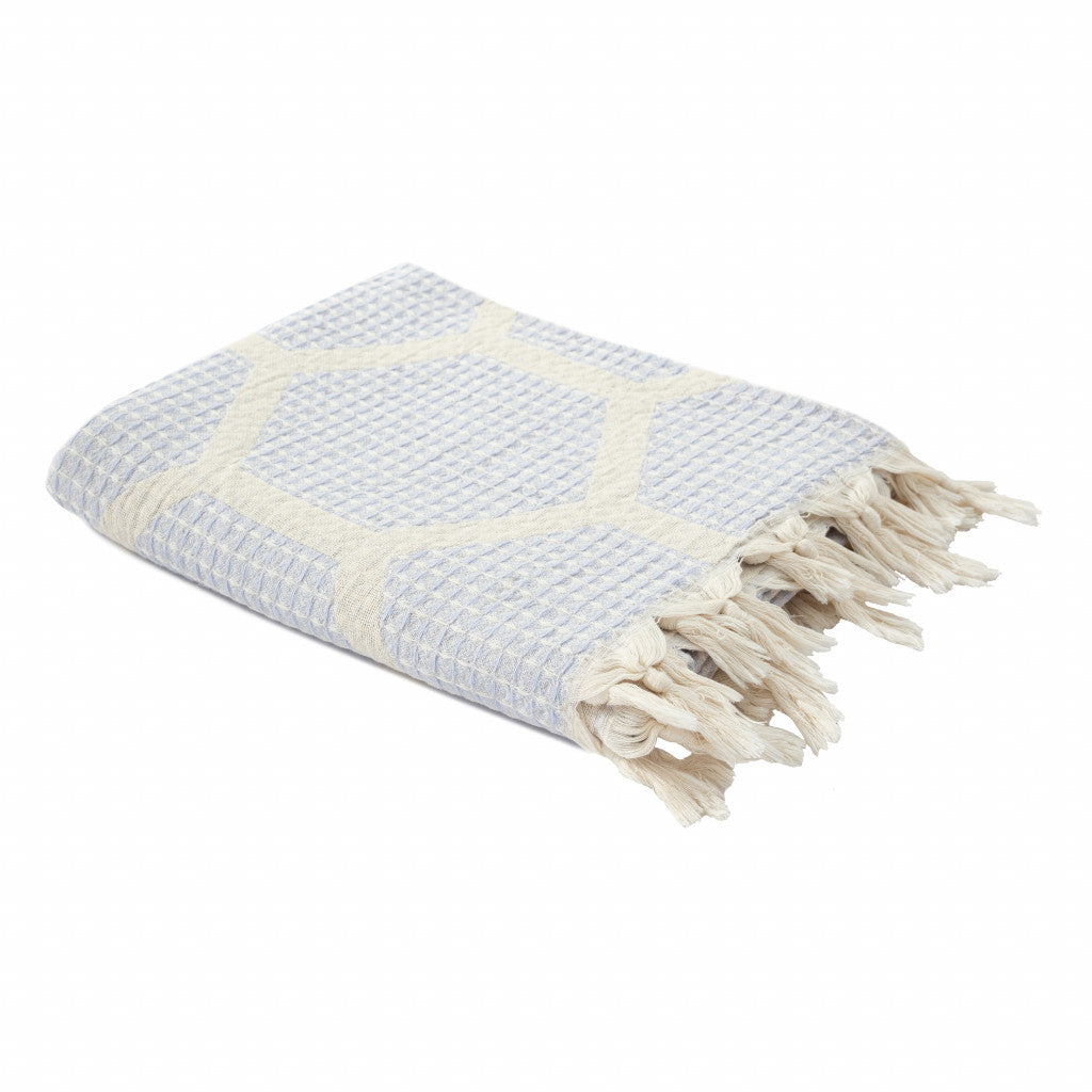 Blue and Off White Woven Cotton Geometric Throw Blanket