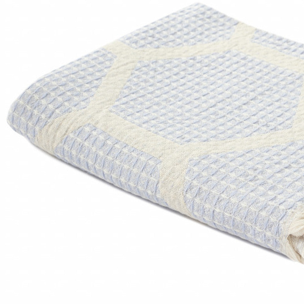 Blue and Off White Woven Cotton Geometric Throw Blanket