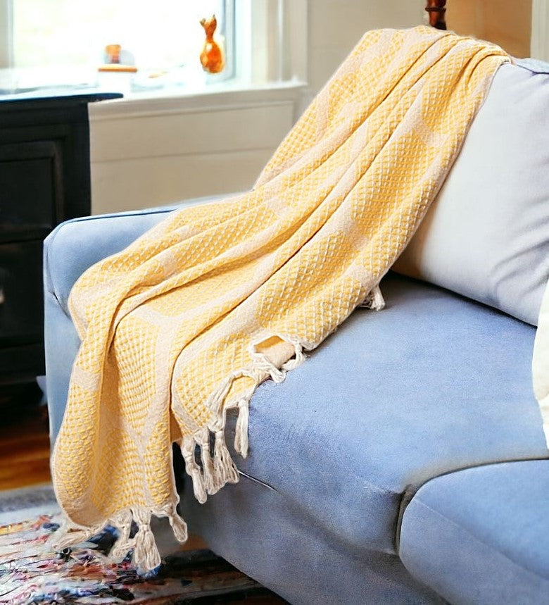 Blue and Off White Woven Cotton Geometric Throw Blanket