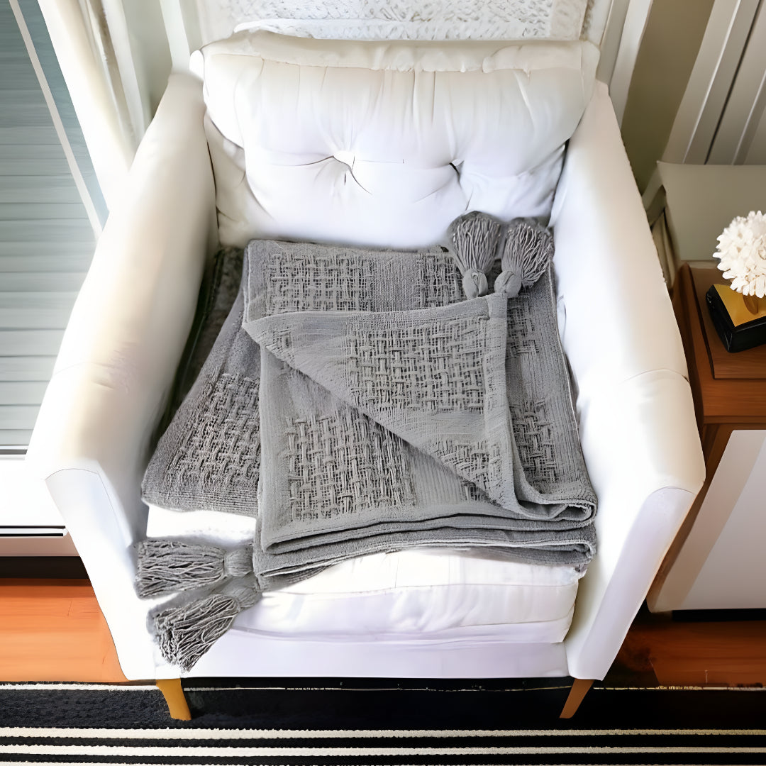 Cream Woven Cotton Solid Color Throw Blanket