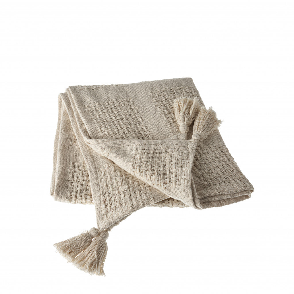 Cream Woven Cotton Solid Color Throw Blanket