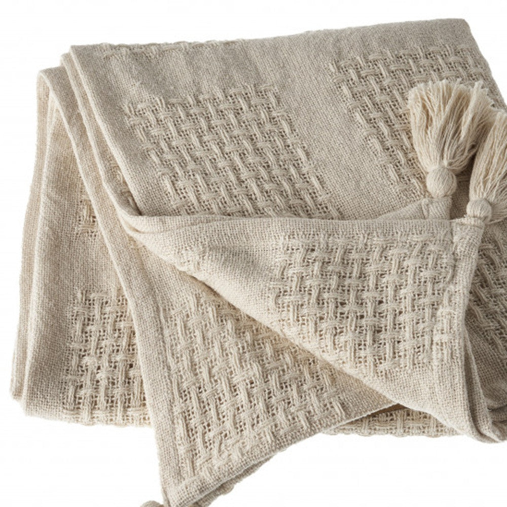 Cream Woven Cotton Solid Color Throw Blanket