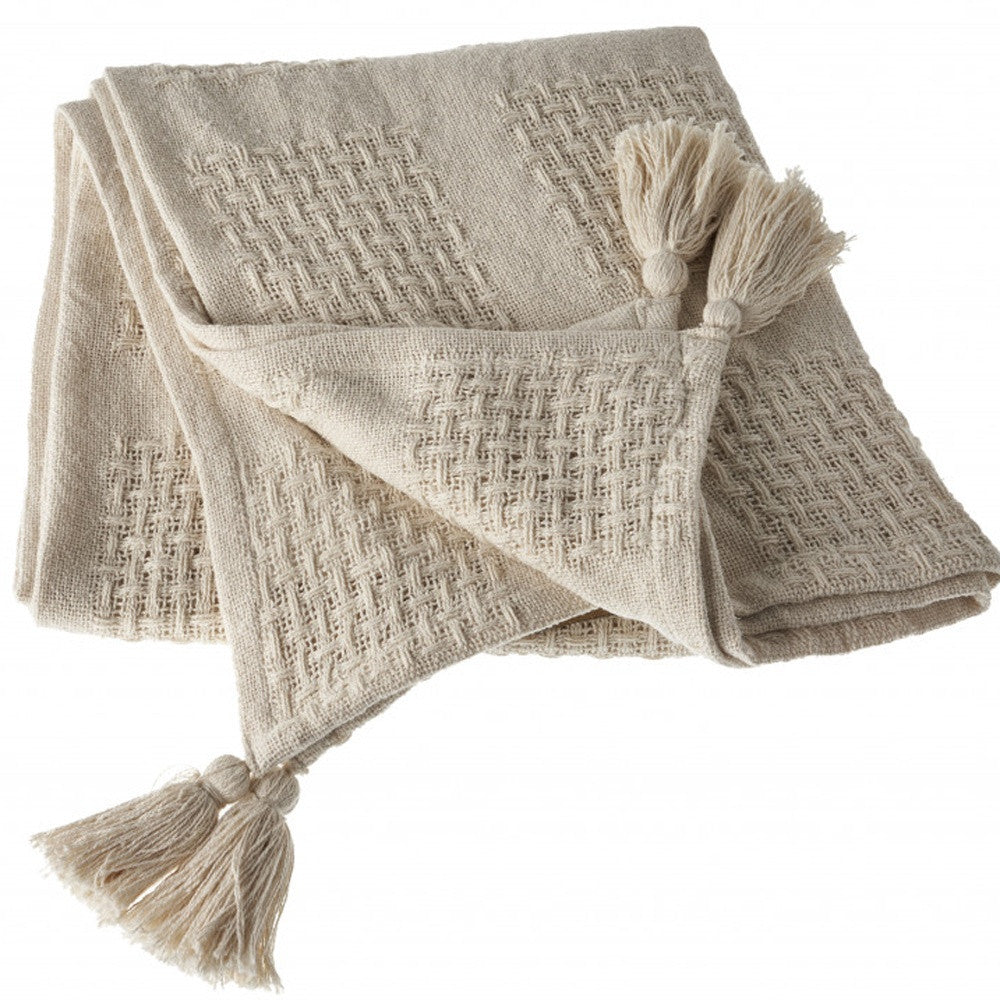 Cream Woven Cotton Solid Color Throw Blanket