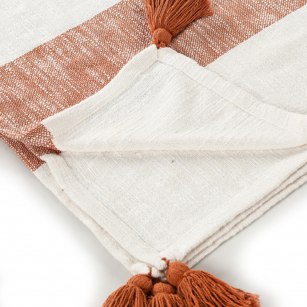 Orange Woven Cotton Striped Throw Blanket