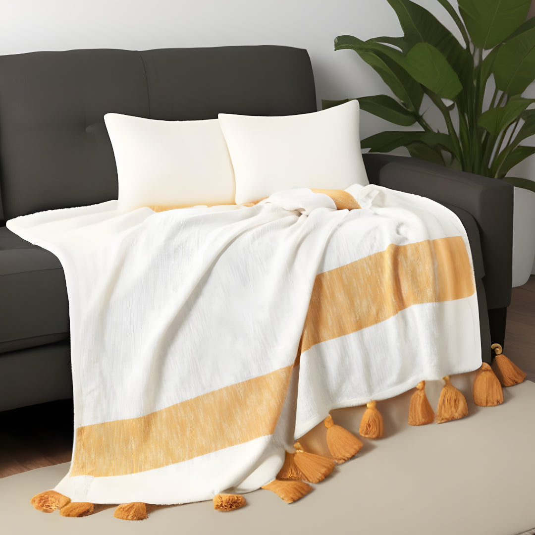 Orange Woven Cotton Striped Throw Blanket