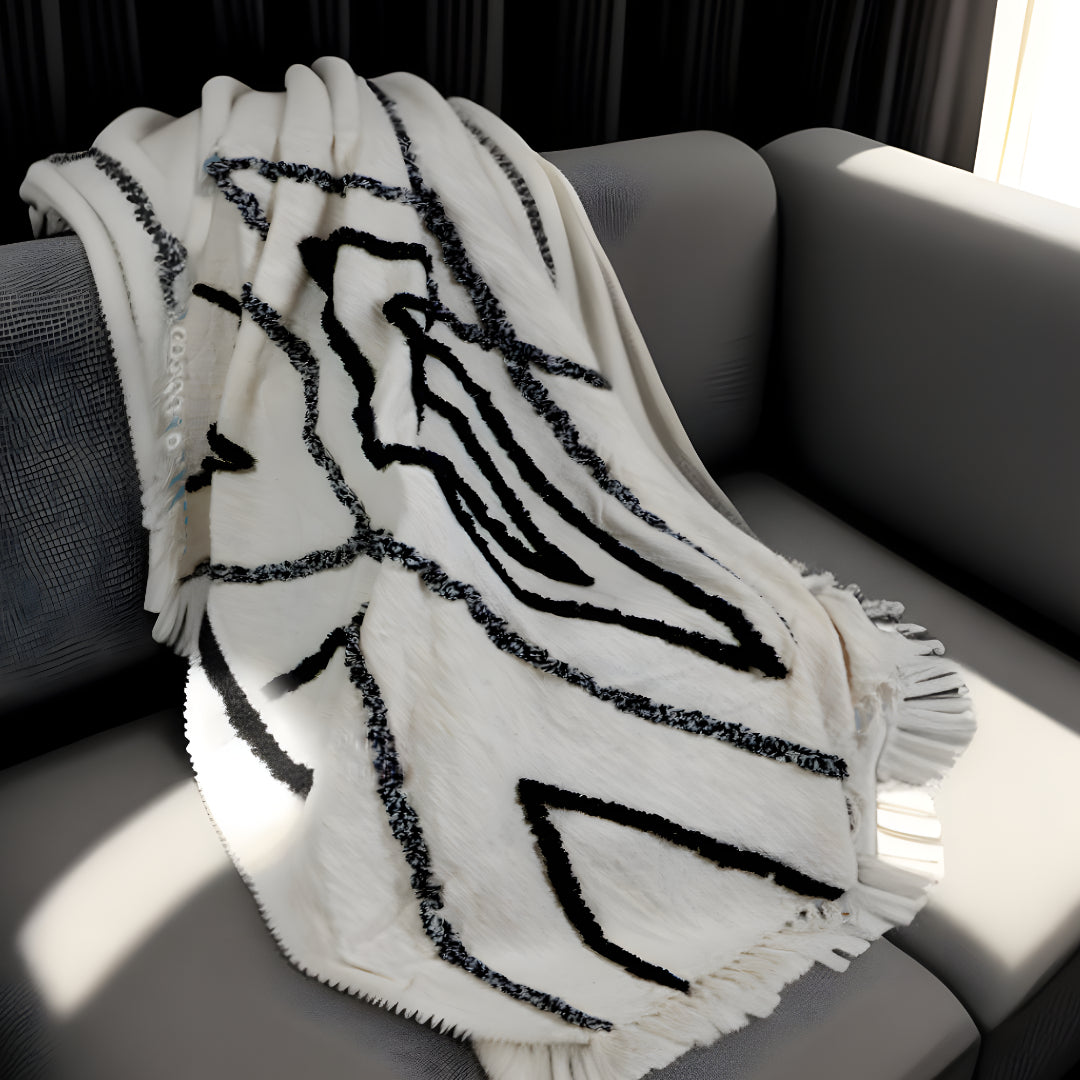 Cream Woven Cotton Geometric Throw Blanket