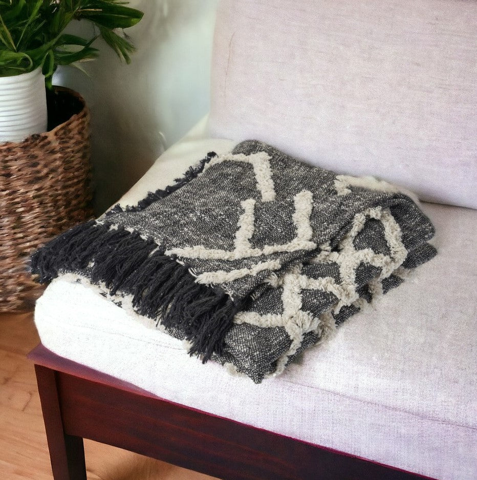 Black and Gray Woven Cotton Geometric Throw Blanket