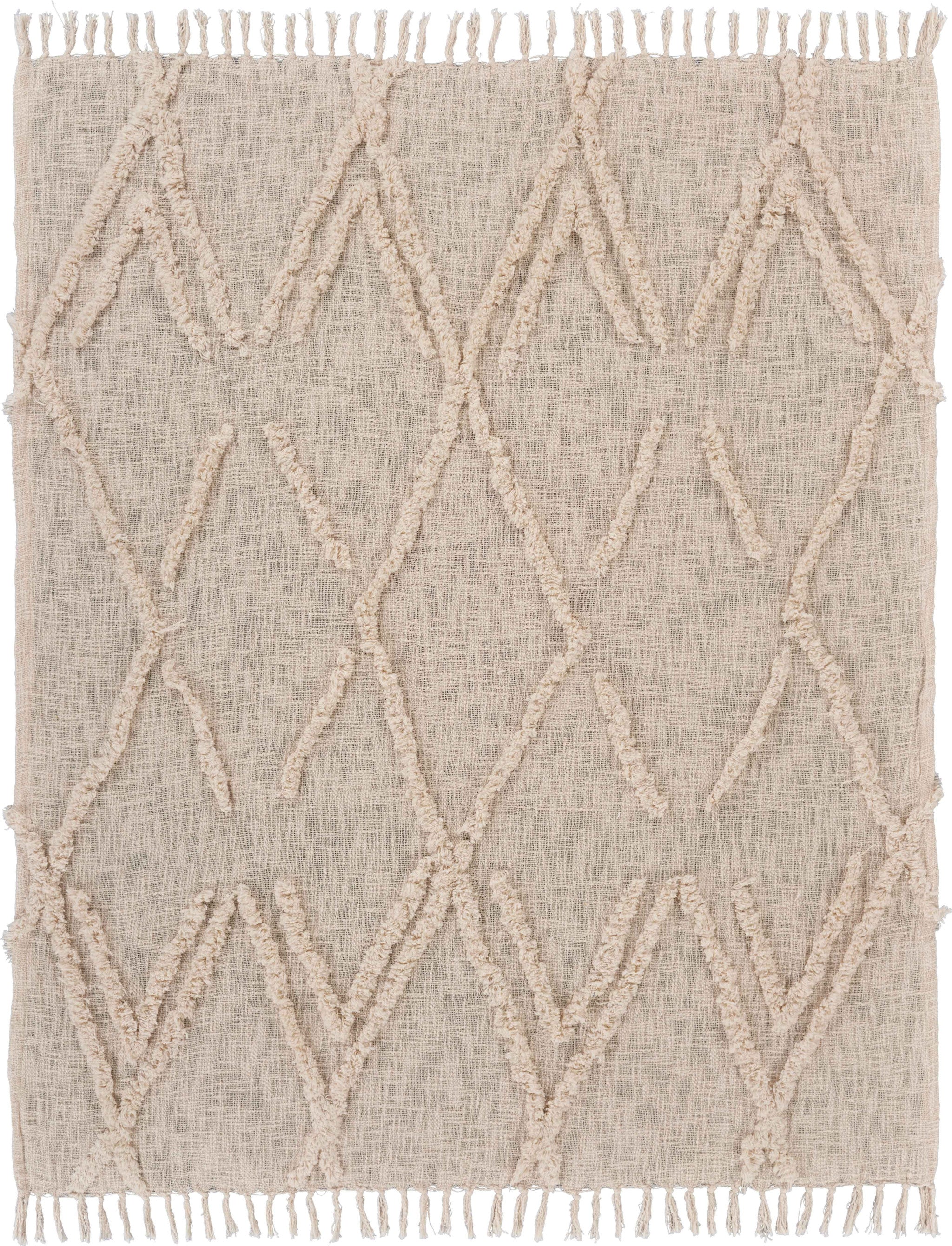 Beige Woven Cotton Geometric Throw Blanket