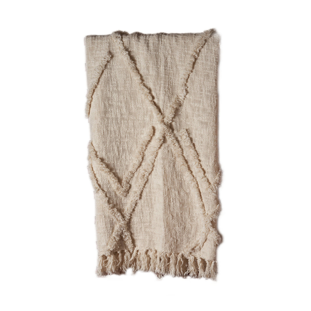 Beige Woven Cotton Geometric Throw Blanket