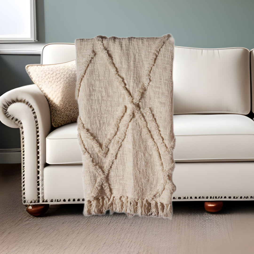 Beige Woven Cotton Geometric Throw Blanket