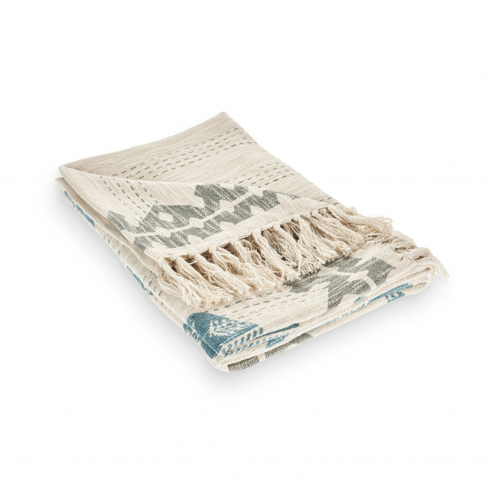 Blue and Off White Woven Cotton Patchwork Throw Blanket