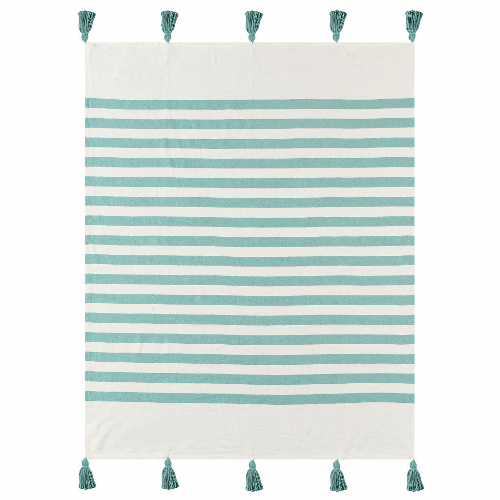 Blue and White Woven Cotton Striped Throw Blanket