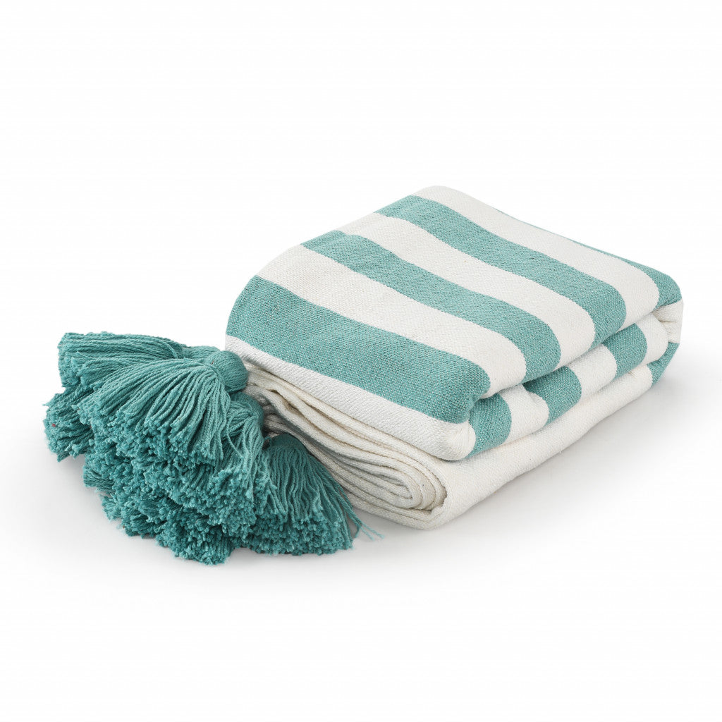 Blue and White Woven Cotton Striped Throw Blanket