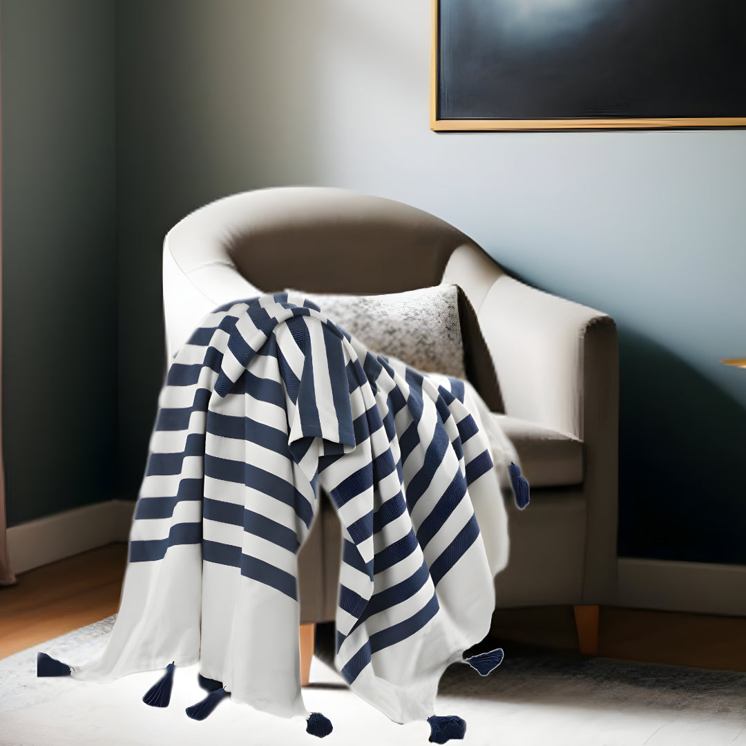 Blue and White Woven Cotton Striped Throw Blanket