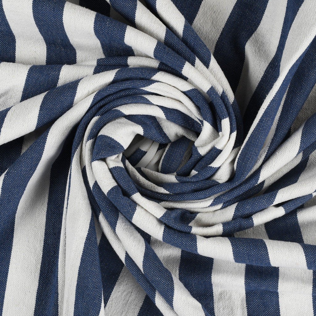 Blue and White Woven Cotton Striped Throw Blanket