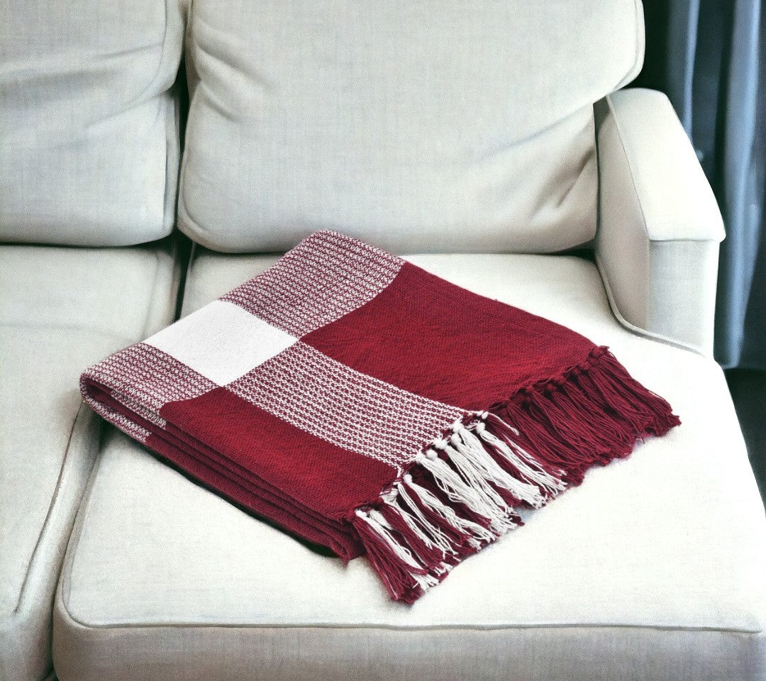 Brown and White Woven Cotton Checkered Throw Blanket