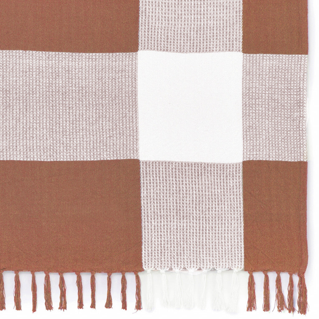 Brown and White Woven Cotton Checkered Throw Blanket