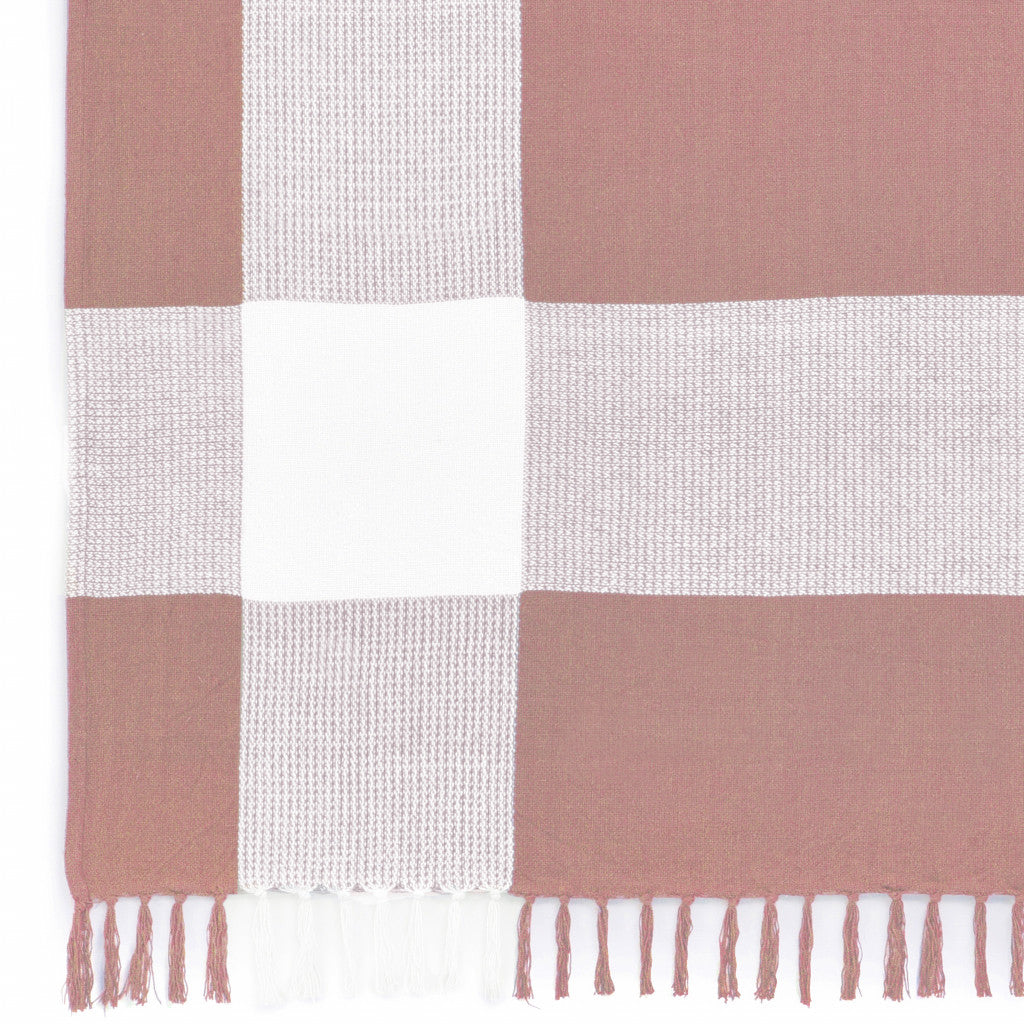 Brown and White Woven Cotton Checkered Throw Blanket