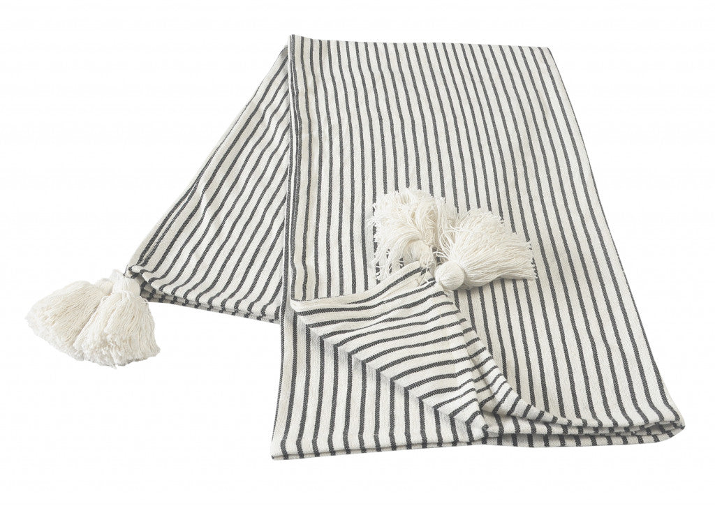 Brown and White Woven Cotton Striped Throw Blanket