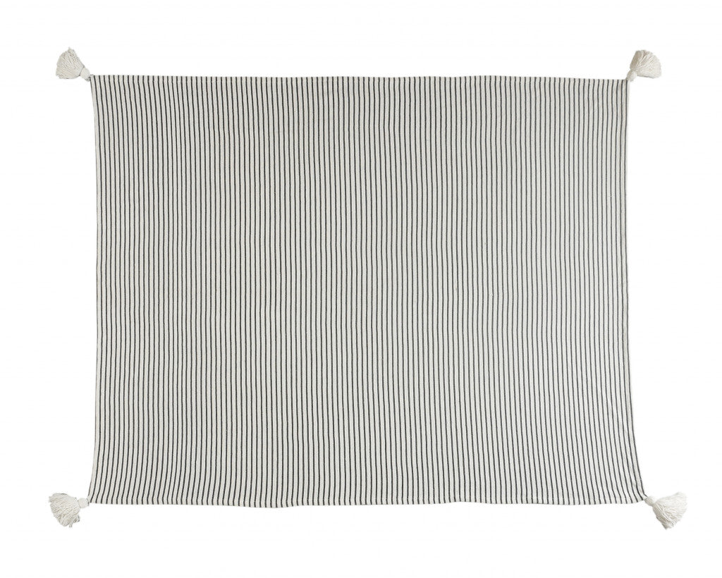 Brown and White Woven Cotton Striped Throw Blanket