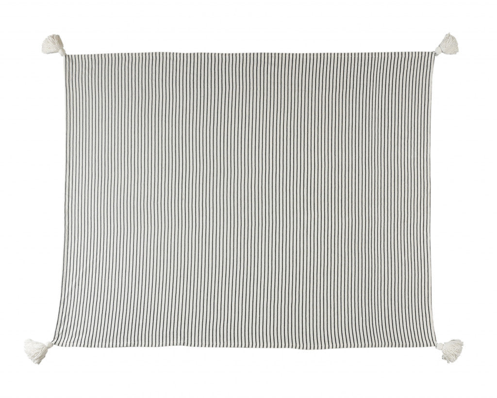 Brown and White Woven Cotton Striped Throw Blanket