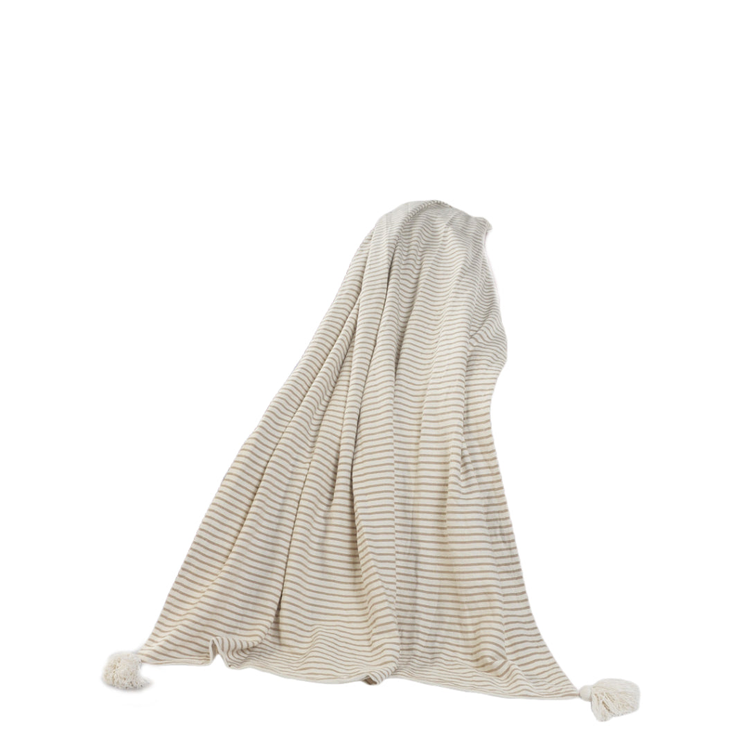 Brown and White Woven Cotton Striped Throw Blanket