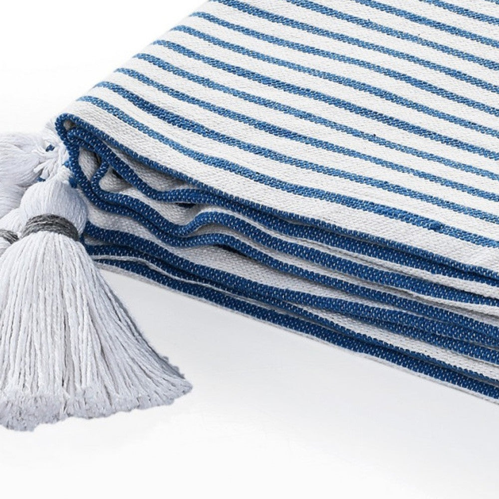 Blue and White Woven Cotton Striped Throw Blanket