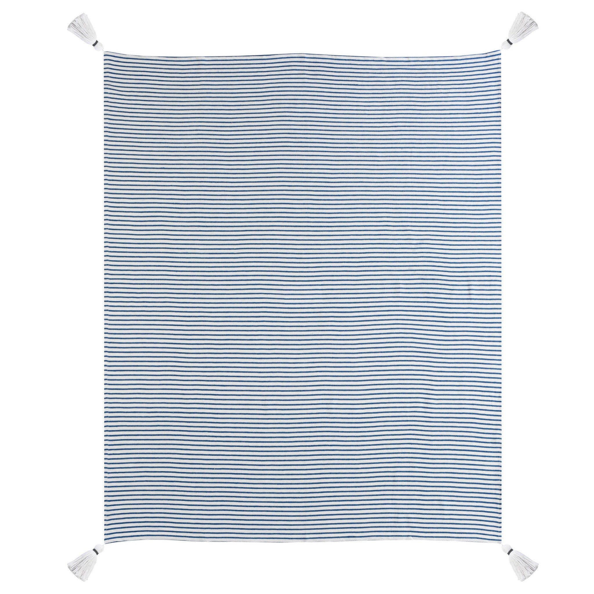 Blue and White Woven Cotton Striped Throw Blanket